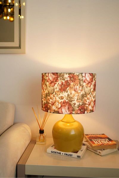 retro home design Mustard Color Footed Cylinder Flower Printed Lampshade Table Lamp Living Room Bedroom