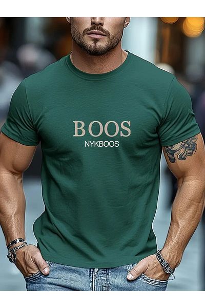 LAND MODA Ανδρικό μπλουζάκι BOOS NYKBOOS με γραφικό εμπριμέ, μείγμα πολυεστέρα, διαγώνιος λαιμόκοψη,