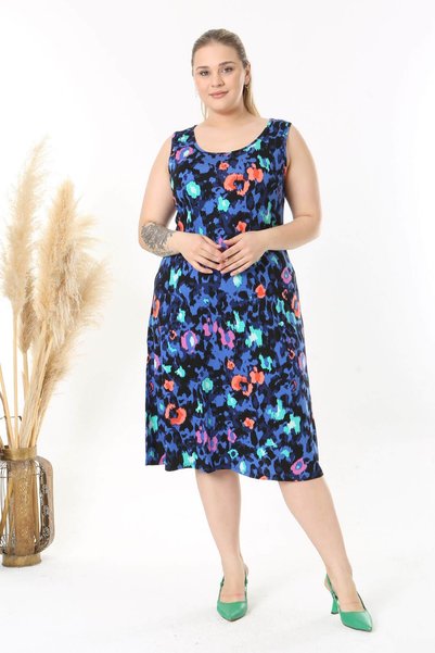 Madwilo Women's Blue Pink Tiger Patterned Strappy Large Size Dress