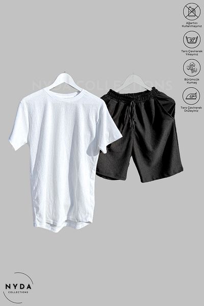 Nyda Collections Bürümcük Set Lycra Crinkle Fabric Summer Crew Neck Short Sleeve T-Shirt Black - White Shorts Set