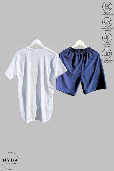 Nyda Collections Bürümcük Suit Lycra Crinkle Fabric Summer Crew Neck Short Sleeve T-Shirt Navy Blue-White Shorts Suit