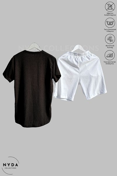 Nyda Collections Bürümcük Set Lycra Crinkle Fabric Summer Crew Neck Short Sleeve T-Shirt White - Black Shorts Set