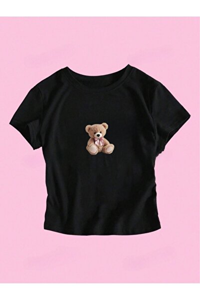 OVER HEAD Tricou Crop pentru femei cu imprimeu cu ursuleț negru