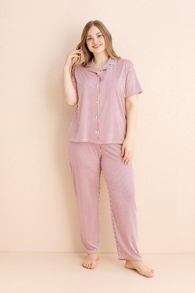 Pijamaevi Weißes, opulentes, gemustertes, kurzärmliges, übergroßes Pyjama-Set aus Bambus mit Knöpfen vorne