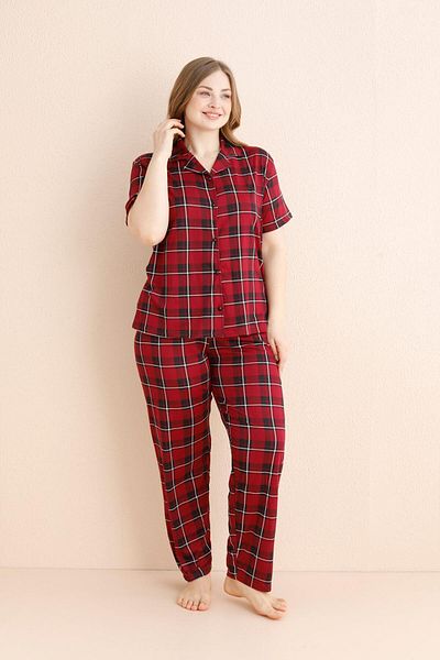 Pijamaevi Burgunderrotes, schottisches Charm-Muster, Bambus-Kurzarm-Pyjama-Set mit Knöpfen vorne und Übergröße