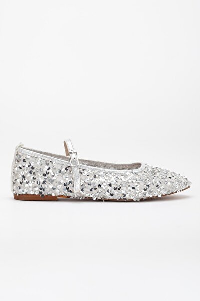 Dilimler Ayakkabı Women's Shoes - Ballerina Silver Mesh Sequin Material with Baret