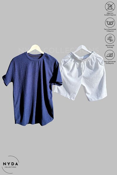 Nyda Collections Bürümcük Suit Lycra Crinkle Fabric Summer Crew Neck Short Sleeve T-Shirt White-Navy Blue Shorts Suit