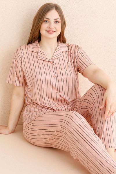 Pijamaevi Gemustertes Lachsfarbenes Pyjama-Set – Bambus-Kurzarmshirt mit Knopfleiste vorne, Übergröße