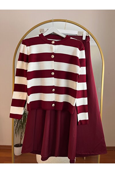 Bahar Altundemir Kadın Triko Hırkalı SCUBA Etekli Takım SCUBA Etek ve Çizgili Hırka Tesettür Takım