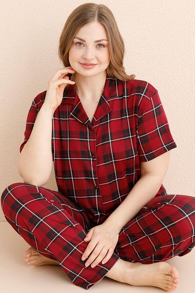 Pijamaevi Burgunderrotes, schottisches Charm-Muster, Bambus-Kurzarm-Pyjama-Set mit Knöpfen vorne und Übergröße