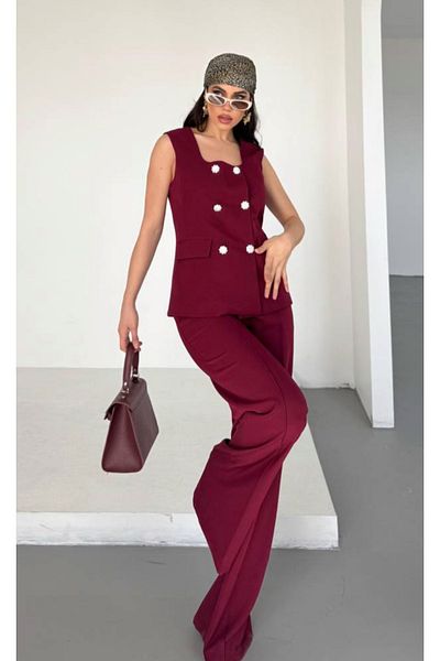 pembekurdelem Women's Classic Vest Pants Set Square Neck Claret Red