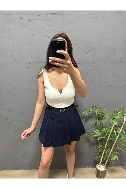 FASHION Pileli kemerli şort etek