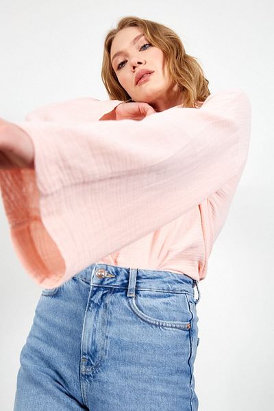 Manche Oversize Women's Basic Shirt - Dried Rose, Loose Washed Muslin - Comfortable Fit Mks 166881 -01-6881