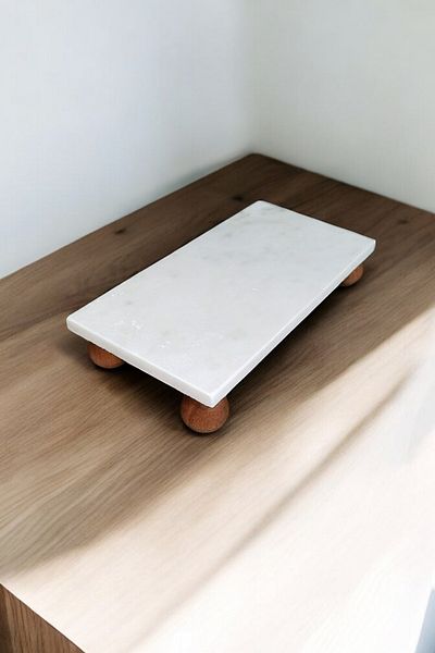 NİSA HOME وعاء زيت رخام مع ستة أرجل خشبية رخام مقاس 23 × 12 سم