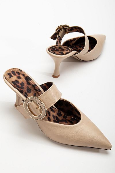 Dilimler Ayakkabı Women's Heeled Shoes Beige Light Heel Thick Stone Banded