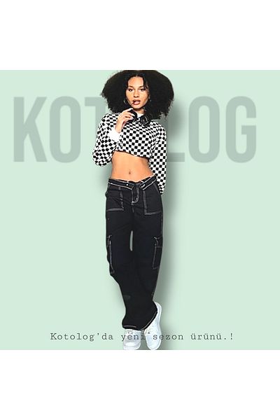 KOTOLOG Unisex Black Cargo Pocket Wide Leg Trousers with White Stitching
