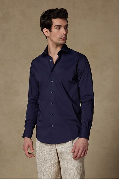 Abbate Enzo Poplin Stretch Cotton Slim Fit Navy Blue Classic Collar Men's Shirt
