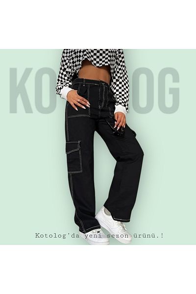 KOTOLOG Unisex Black Cargo Pocket Wide Leg Trousers with White Stitching