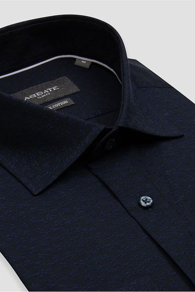 Abbate Donatello Jacquard Cotton Slim Fit Navy Blue Patterned Classic Collar Men's Shirt