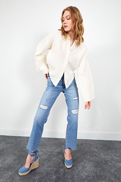 Manche Ekru Kolları Salaş Yıkamalı Müslin Oversize Rahat Kalıp Kadın Basic Gömlek| Mks166881-01-6881