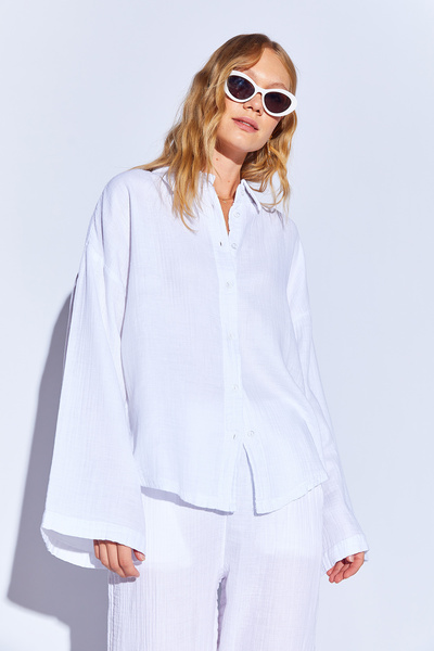 Manche Optik Beyaz Kolları Salaş Kadın Gömlek