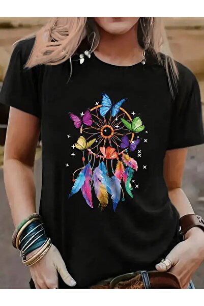 AZIZI TEKSTIL Butterfly Pattern Casual T-Shirt, Polyester Blend Round Neck Sh...