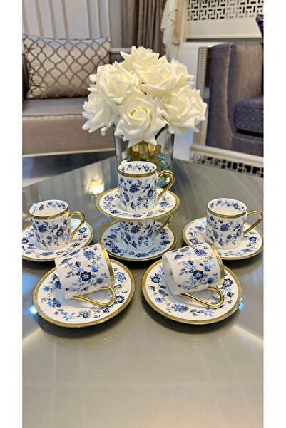 ROY KING Royking 6 Kişilik Porselen Mavi Güllü Kahve Fincan Seti