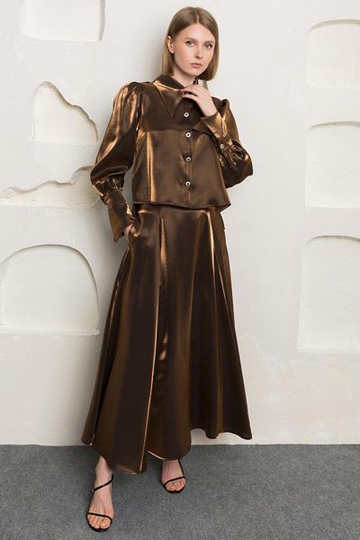 Nurs Satin Shirt Skirt Suit Brown