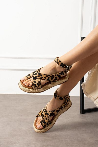 ShoeTek Sandale de damă cu motiv leopard, stil flip-flop și gleznă