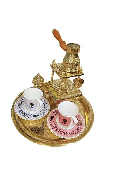 Kanka 5-piece Turkish coffee set, pure copper, royal stove, coffee pot, tray, 2 porcelain cups with saucers