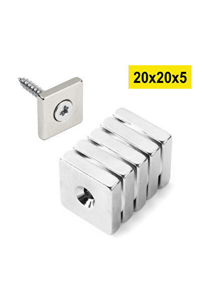 Dünya Magnet 5 Adet, Havşa Delikli, Neodyum Mıknatıs, 20x20x5 Mm, D:10/5 mm, ...