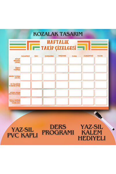 Kozalak Tasarım Ders Planlama Çizelgesi Yaz-Sil Tablo Pvc Kaplı Dayanıklı Yaz...