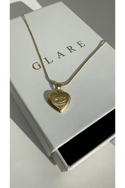 GLARE JEWELRY Kalp Göz Nazar Model Taşlı Zincir Kolye Rodyum Paslanmaz Çelik 40+5 cm