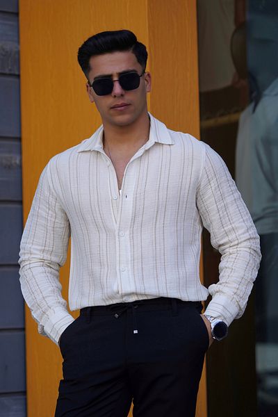 JACK CAPRİO Men's Muslin Breathable High Quality Thin Organic Cotton Striped Fabric