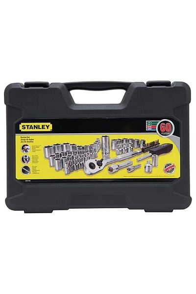 Stanley مجموعة أدوات ميكانيكية مكونة من 60 قطعة باللونين الفضي والأسود