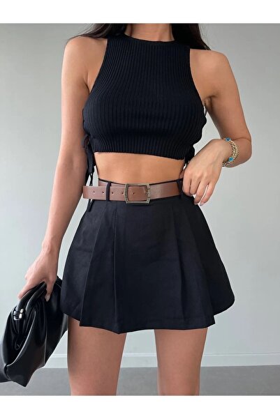 Avakado Fustă scurtă detaliată cu centură plisată de damă