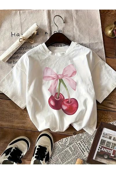 Touz Moda Unisex oversize tričko s růžovou mašlí a třešní