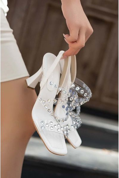 Kids Club Shoes Feles Cross Transparent Stone Pantofi Rochii de seară de damă Cu Toc ALBI