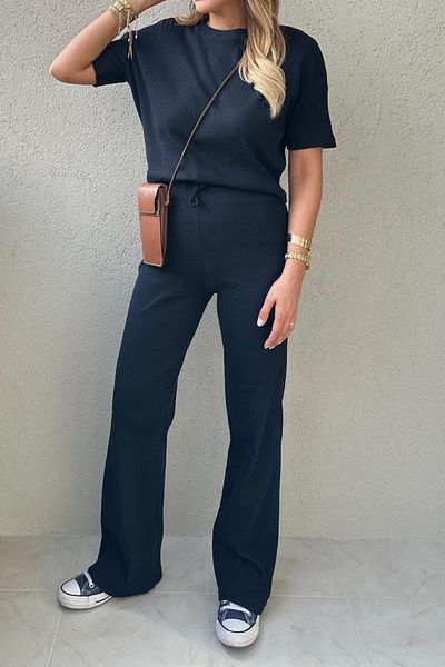 ruNadeS Women's Short Sleeve Crew Neck Textured Ottoman Corded Set