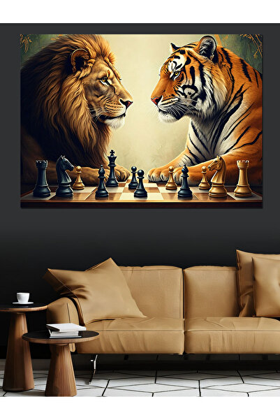 karizmart Satranç Oynayan Aslan Ve Kaplan Dekoratif Kanvas - Mdf Ahşap Tablo