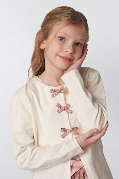 Panço Liberty Fabric Ribbon Detailed Girl's Cardigan