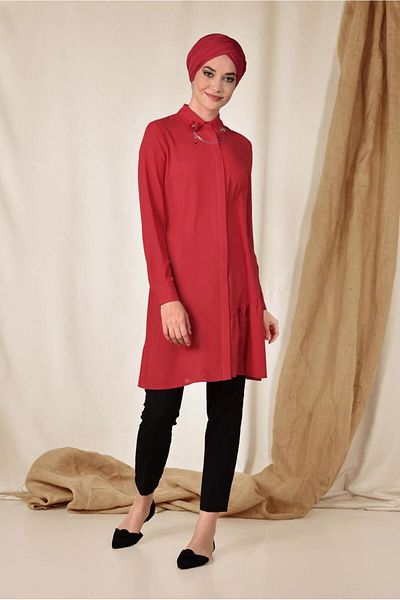 Alvina Brooch Detailed Tunic 4853 - Neckline Flounce and Skirt