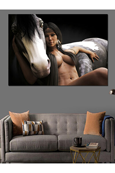 KanvasSepeti Native American Woman and Horse Decorative Oil Painting Textured High Quality Canvas Canvas Painting 40 X 30 cm