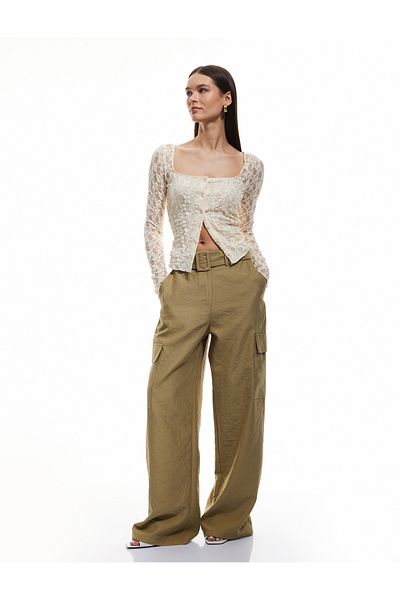 Koton Semi-See-Through U-Neck Long Sleeve Button Lace Blouse