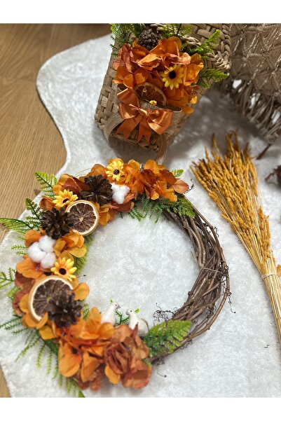 Marrone Kumru Kuşlu Portakallı Pamuklu Otantik Kapı Süsü Yılbaşı Yeniyıl  Sepetli Takım Sepet ve Kapı süsü