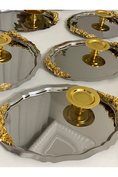 SEVA ÇELİK 2 Model Steel Oval Handled 25 cm Tray and Gold Makaron Holder Set of 6