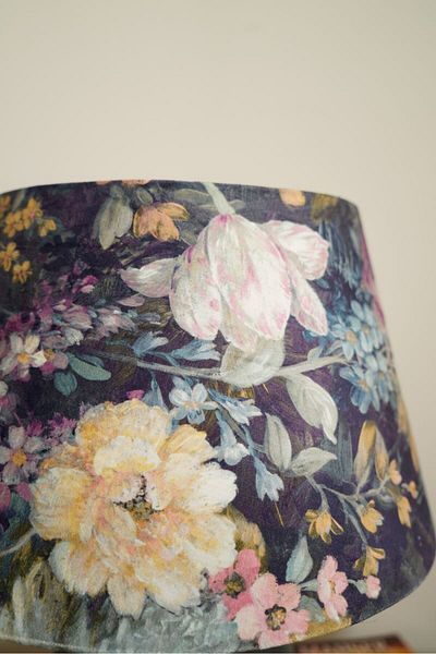 retro home design Anthracite Color Footed Dark Flower Printed Conical Lampshade Table Lamp Living Room Bedroom