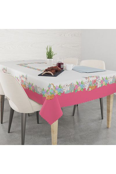 yok yok evim eve dair her şey Față de masă decorativă fără griji, cu model de iepure cu chenar roz, tematică de PAȘTE