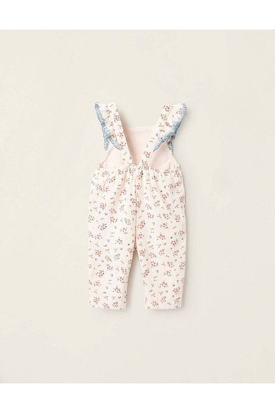 Ziddy Floral Cotton Jumpsuit for Newborn Girls, Beige/Blue