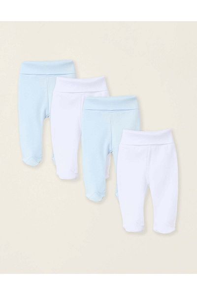 Ziddy Pack of 4 Footed Cotton Trousers for Newborns and Babies, White/Blue